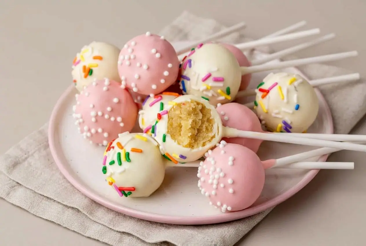 Decorated vanilla cake pops with glossy candy shells and colorful sprinkles on lollipop sticks.