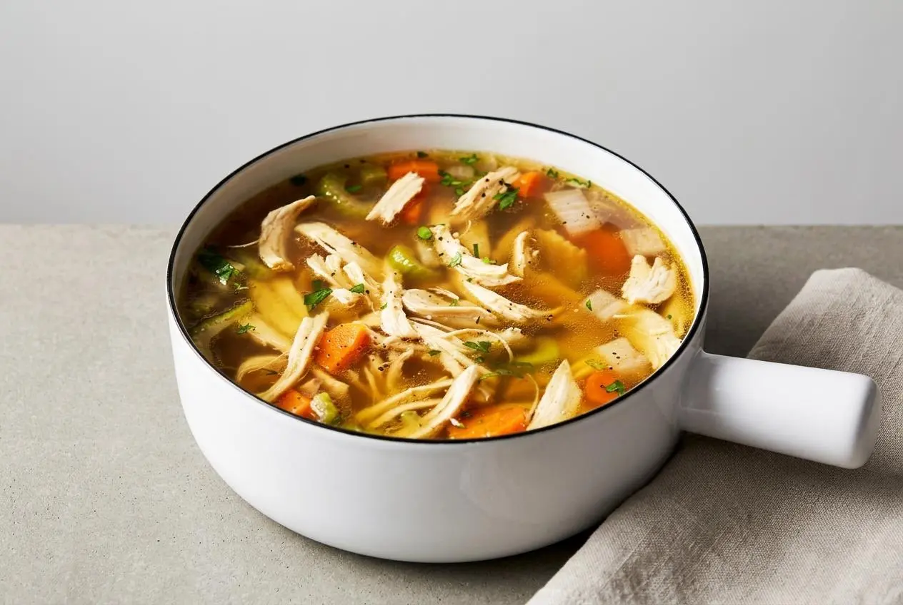 Homemade chicken soup with shredded chicken, carrots, and celery in rich golden broth.