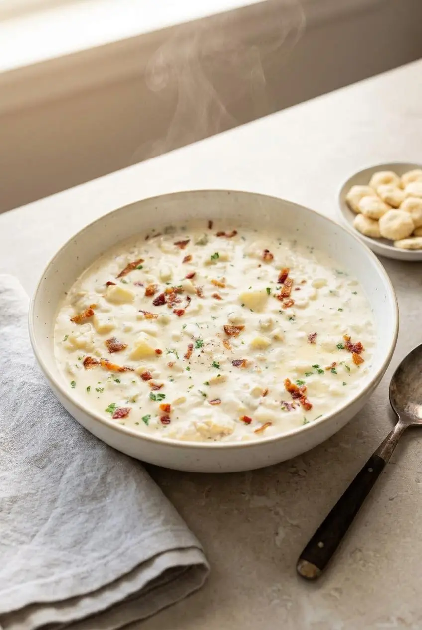 A freshly ladled bowl of hot New England clam chowder on a dining table with oyster crackers and a napkin.
