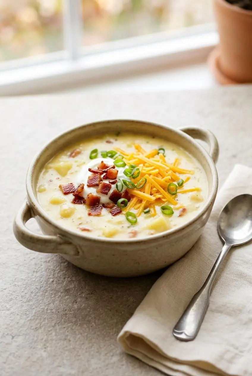 Loaded potato soup in a ceramic bowl with handles, topped with sour cream, bacon, shredded cheese, and green onions.