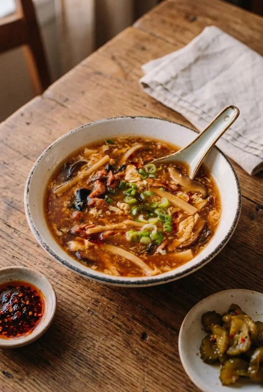 A warm bowl of hot and sour soup on a wooden table with a ceramic spoon and fresh scallion garnish.