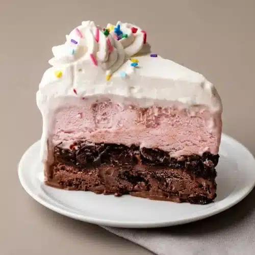 Homemade ice cream cake recipe slice showing layered chocolate and strawberry ice cream with whipped cream frosting.