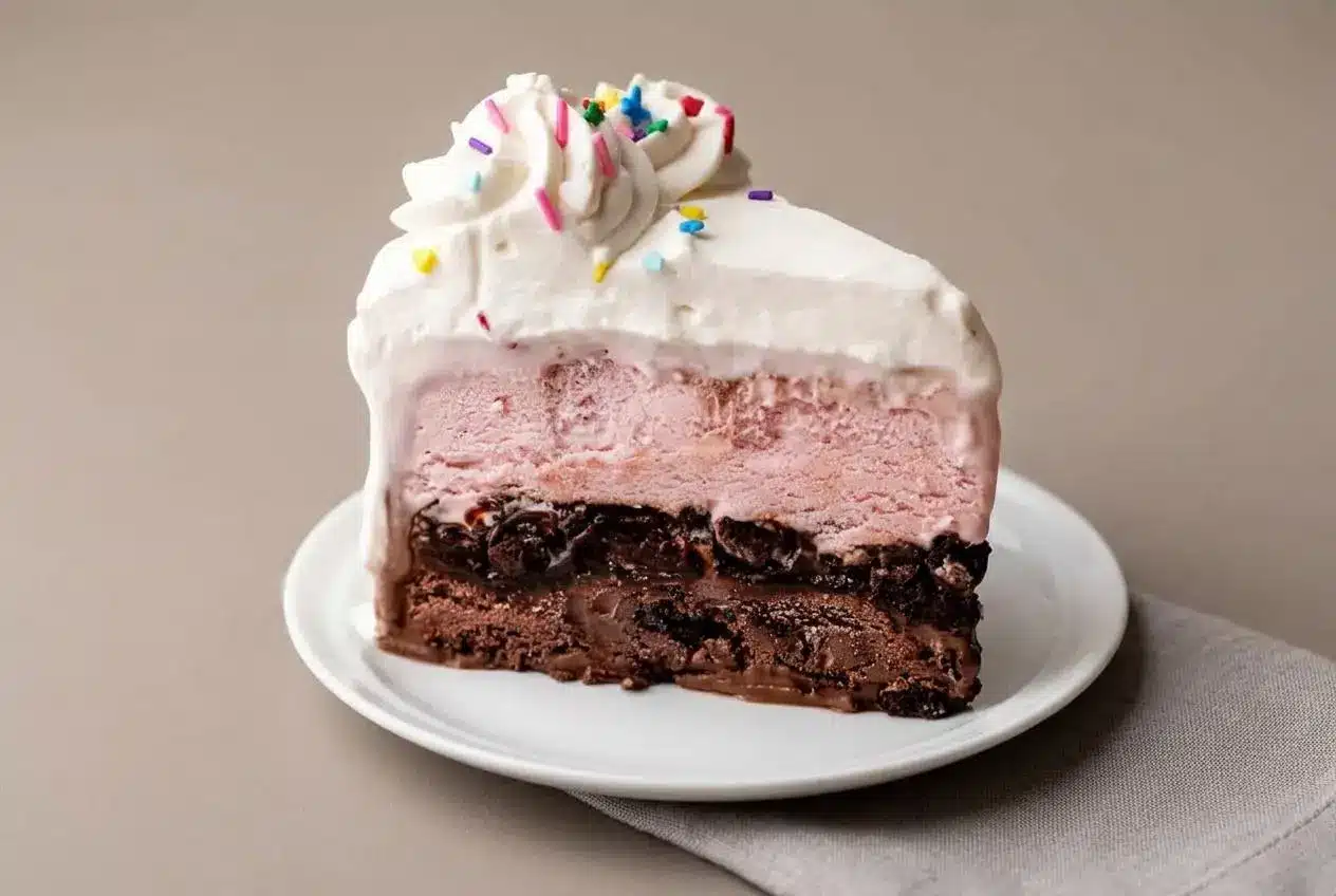 Homemade ice cream cake recipe slice showing layered chocolate and strawberry ice cream with whipped cream frosting.