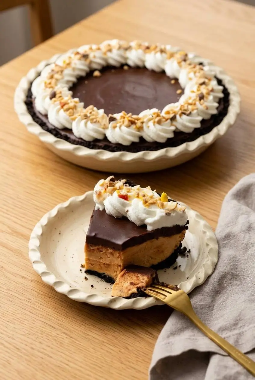 Whole peanut butter pie decorated with whipped cream rosettes alongside a plated slice and dessert fork.