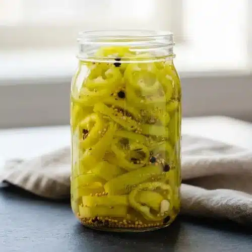 Crisp pickled banana peppers packed in a glass mason jar with mustard seeds, peppercorns, and garlic.