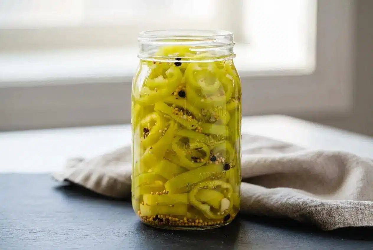 Crisp pickled banana peppers packed in a glass mason jar with mustard seeds, peppercorns, and garlic.