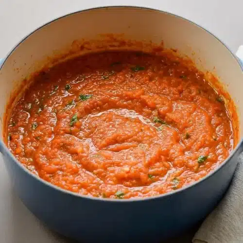 Rich homemade tomato sauce with a glossy finish and fresh basil flecks in a pot