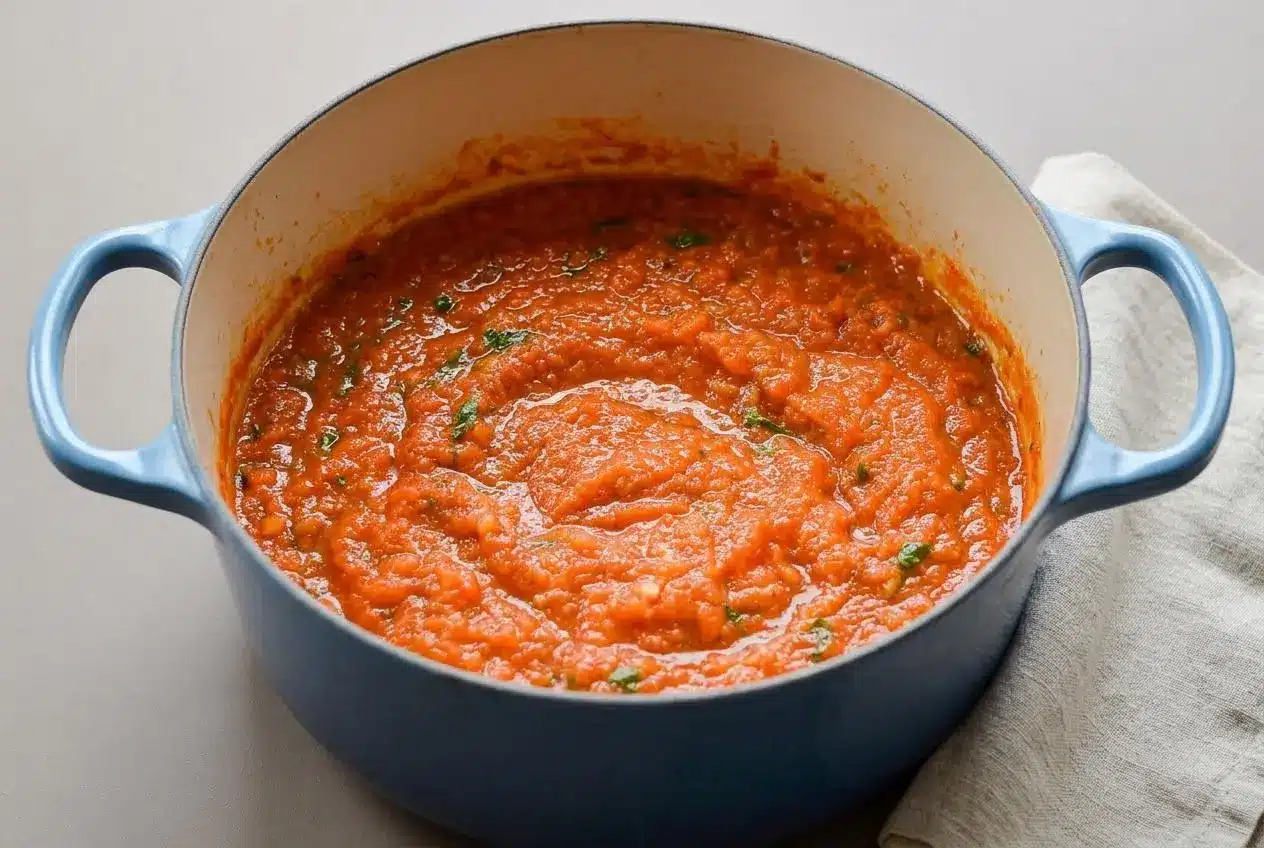 Rich homemade tomato sauce with a glossy finish and fresh basil flecks in a pot