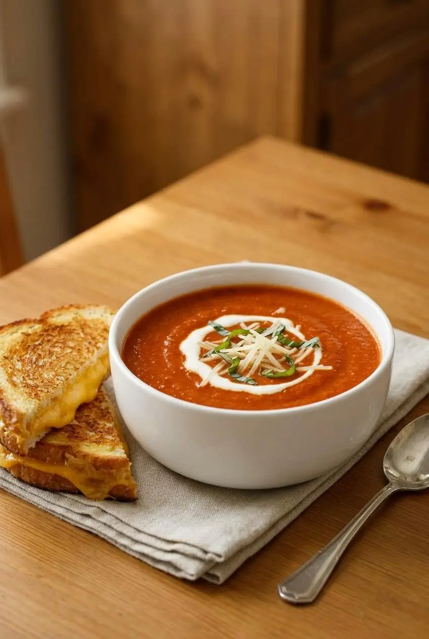 Bowl of homemade tomato soup topped with shaved Parmesan beside a toasted sourdough grilled cheese sandwich.
