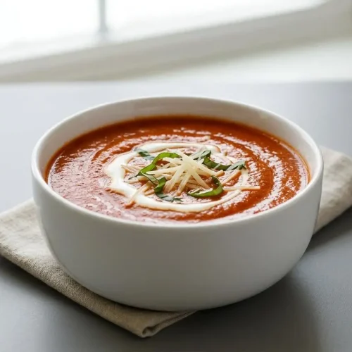 A warm bowl of silky homemade tomato soup garnished with fresh basil leaves and a swirl of cream.