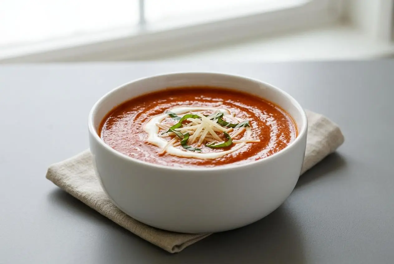 A warm bowl of silky homemade tomato soup garnished with fresh basil leaves and a swirl of cream.