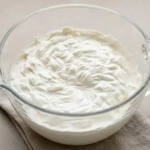 Freshly whipped cream forming soft, velvety peaks in a bowl.