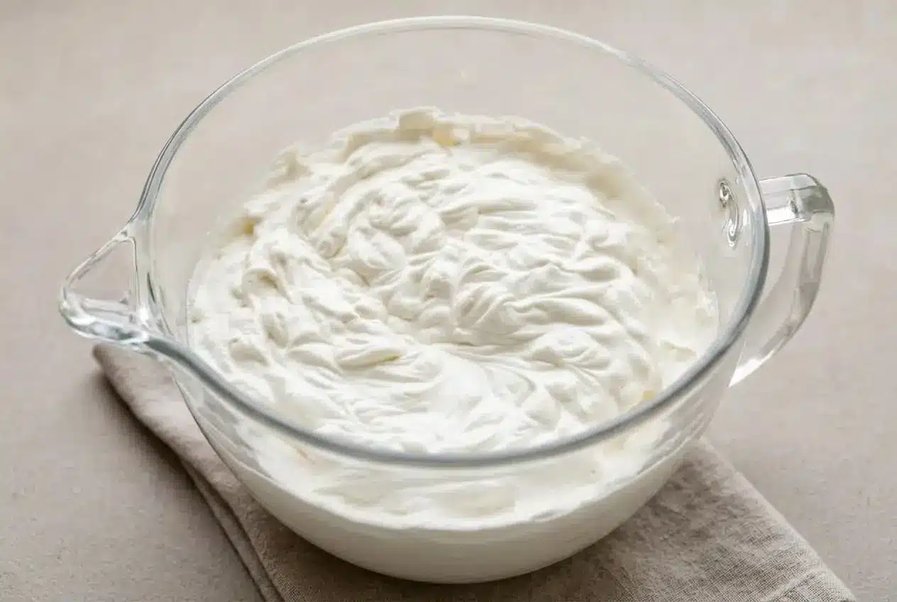 Freshly whipped cream forming soft, velvety peaks in a bowl.