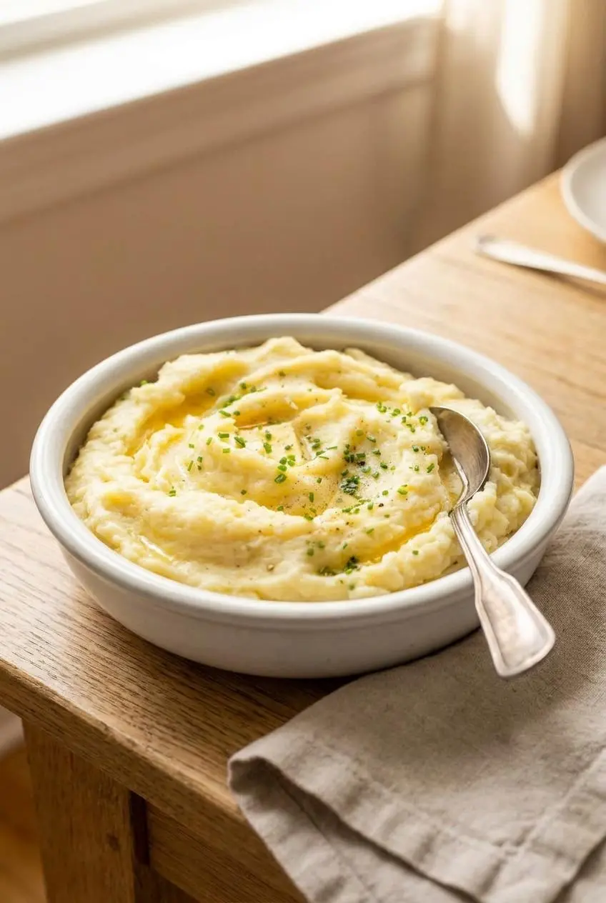A ceramic bowl of fluffy mashed potatoes with a silver spoon on a rustic oak table with a linen napkin.