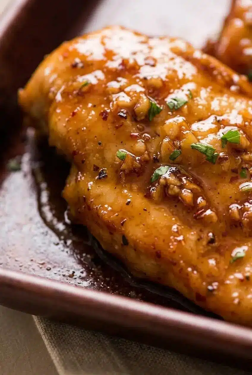 Close-up of bubbling caramelized honey garlic sauce coating a golden seared chicken cutlet.