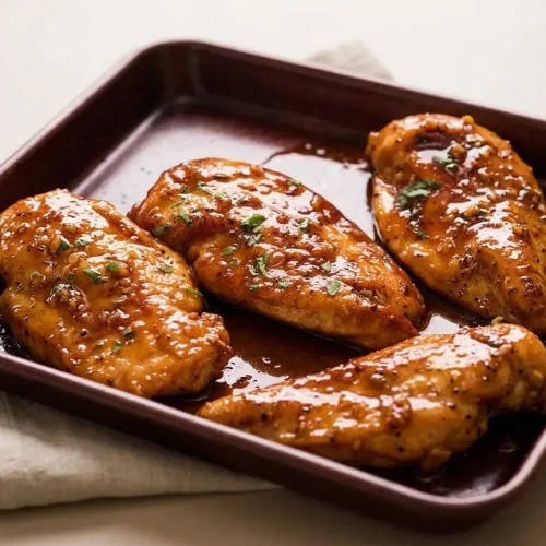 Golden honey garlic chicken recipe cutlets coated in a glossy, savory glaze.