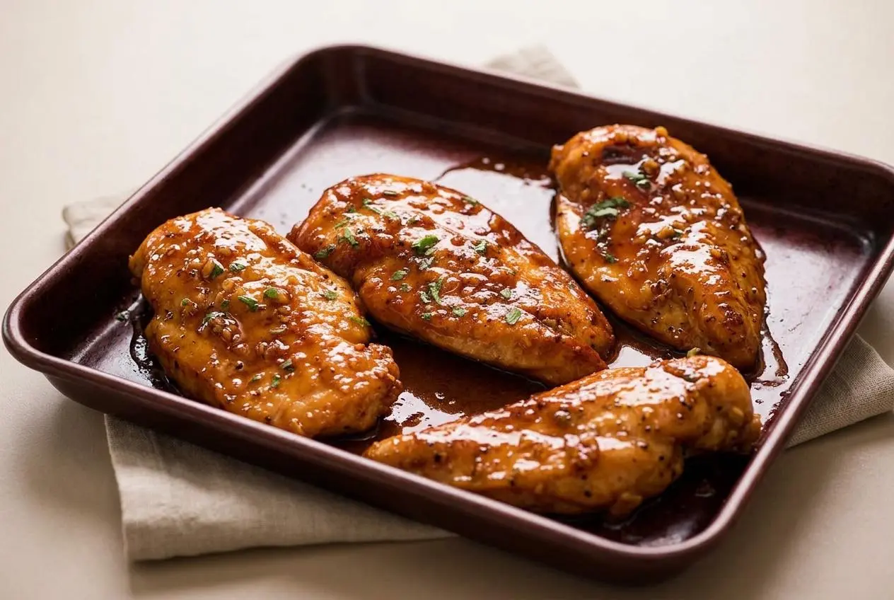 Golden honey garlic chicken recipe cutlets coated in a glossy, savory glaze.