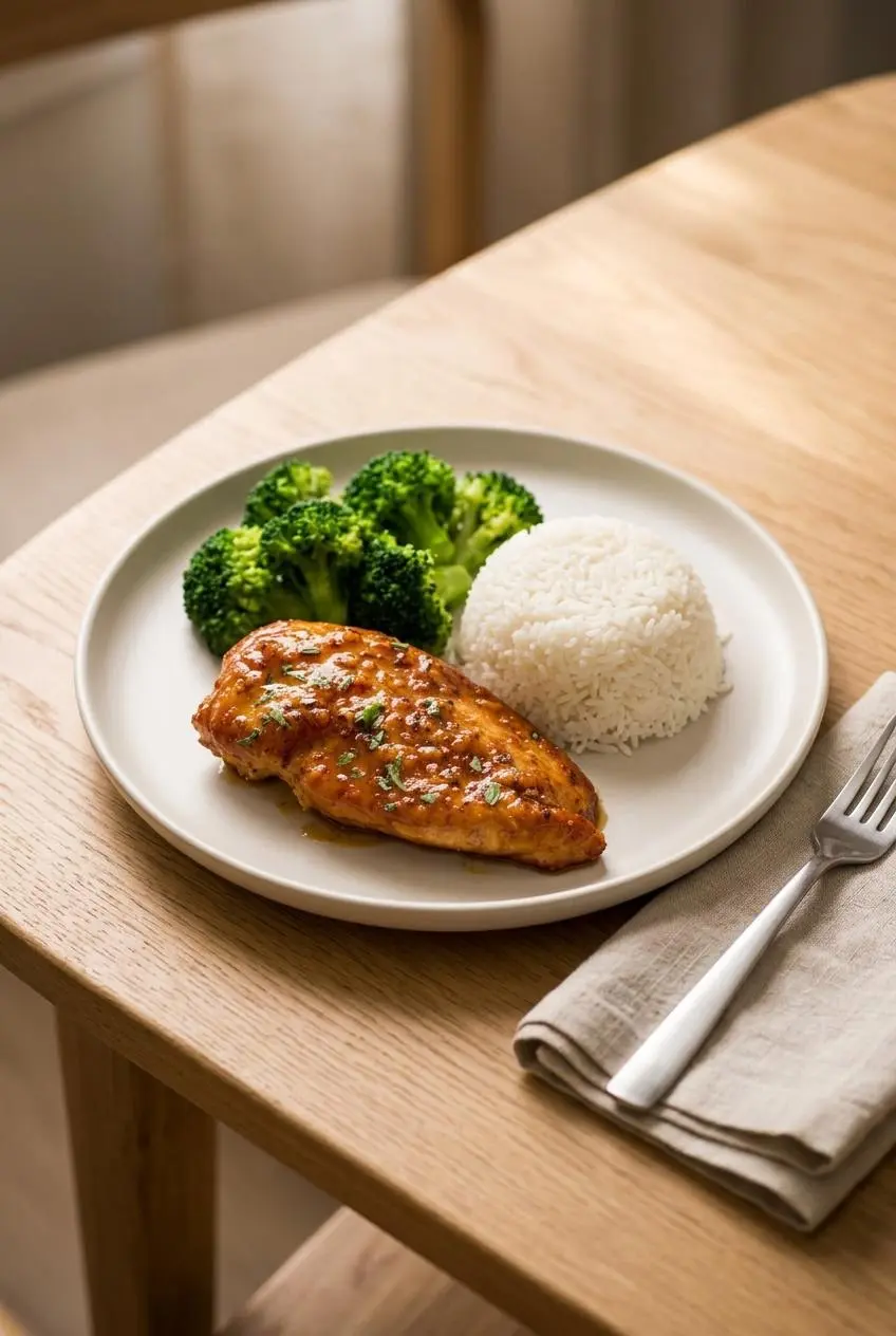 Plated honey garlic chicken cutlet served with steamed jasmine rice and broccoli florets.