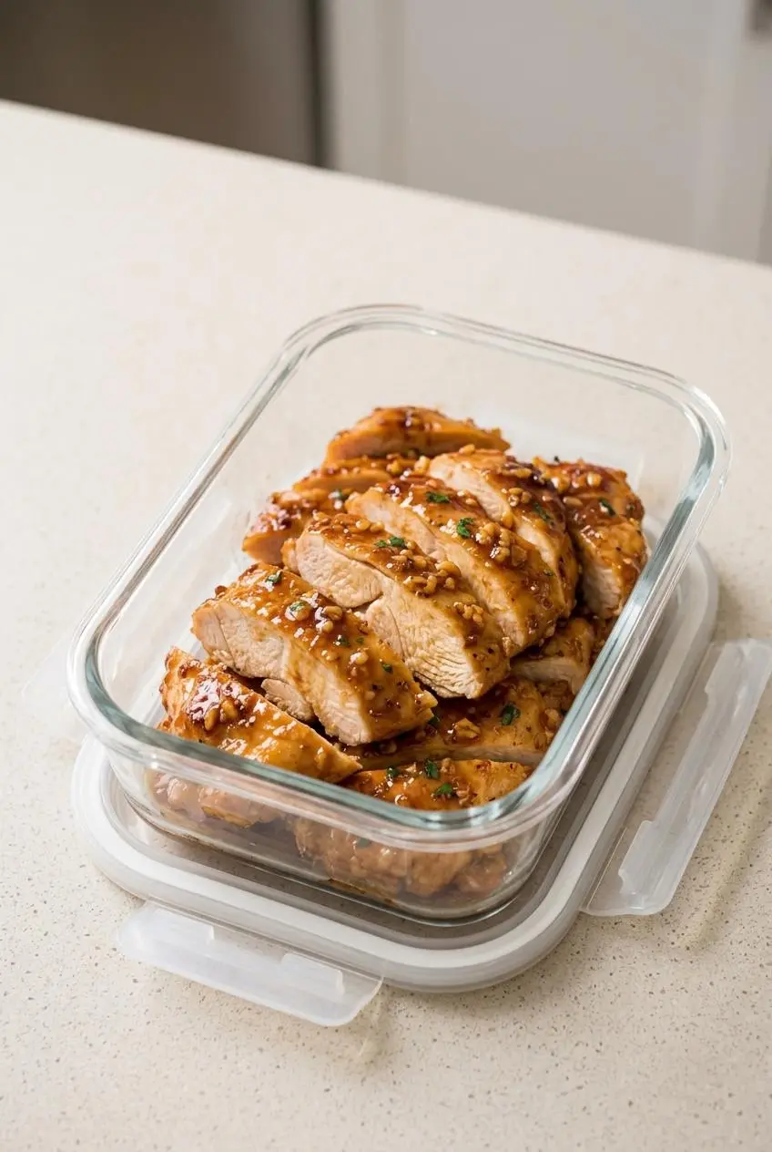 Sliced honey garlic chicken cutlets packed in a glass meal prep storage container.