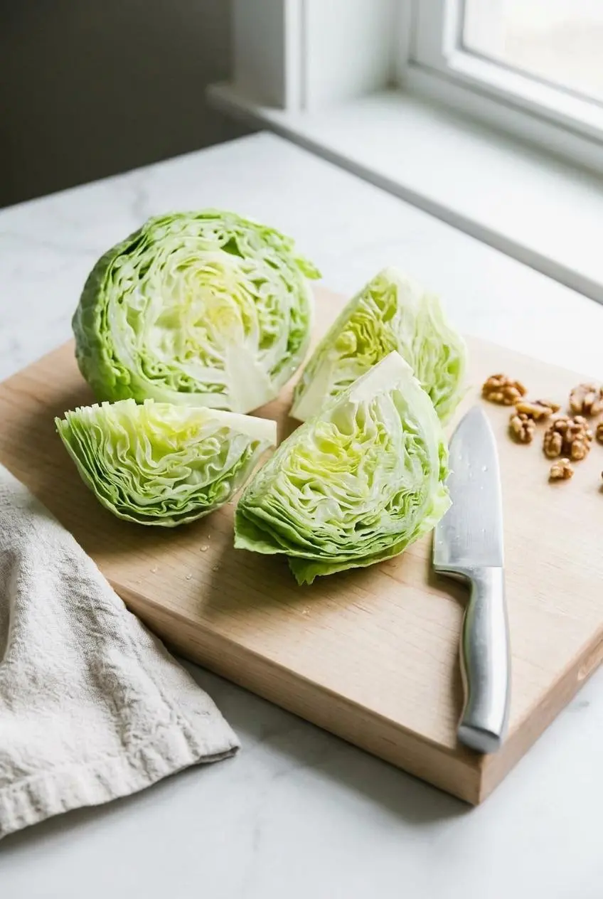 Quartered iceberg lettuce heads with intact cores resting on a maple cutting board.