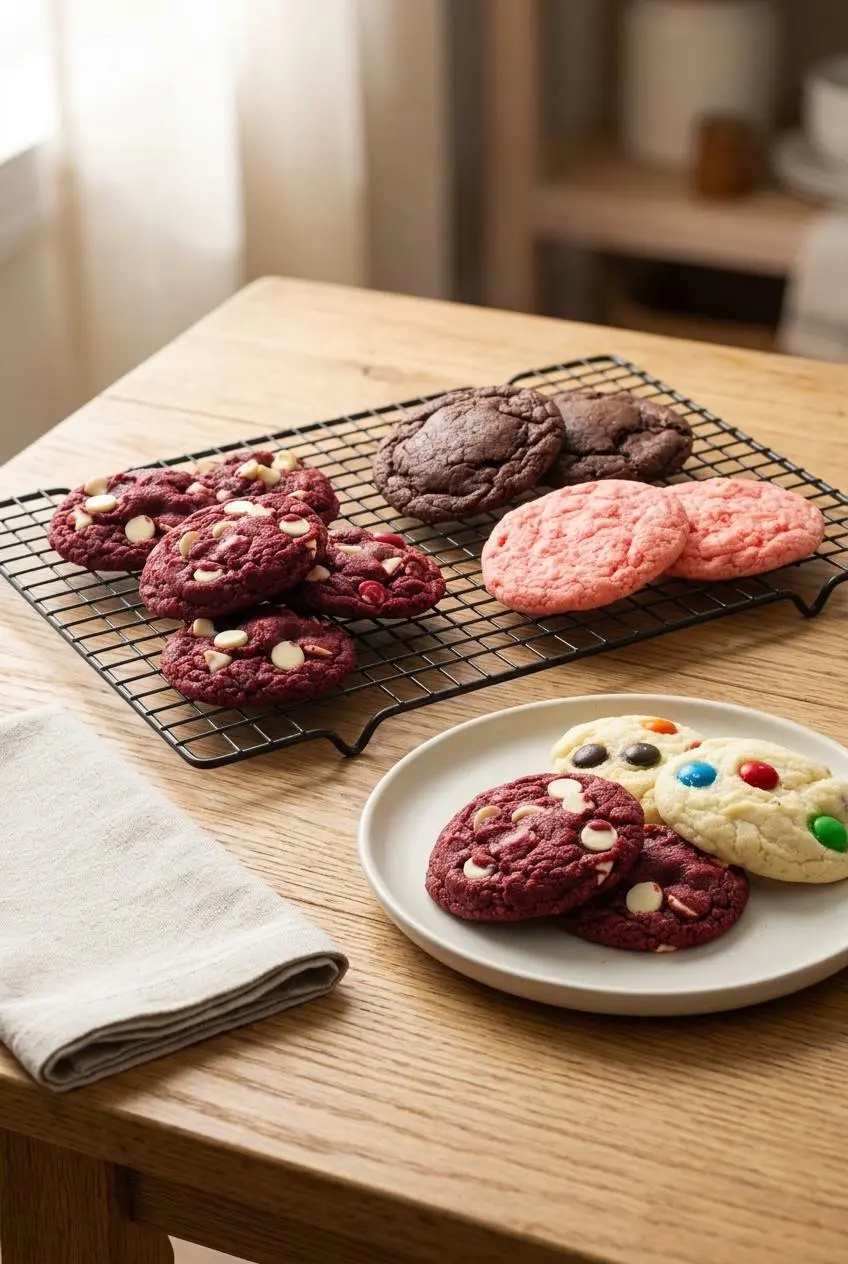 Freshly baked cake mix cookies cooling on a wire rack beside a ceramic plate on a wooden kitchen table