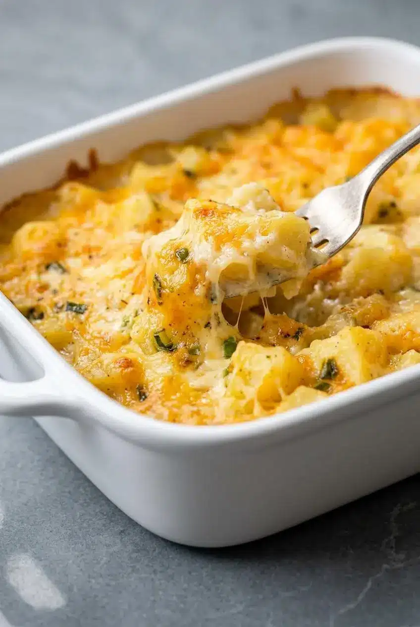 Scoop of creamy cheesy potato casserole showing tender potato cubes and melted cheddar sauce.
