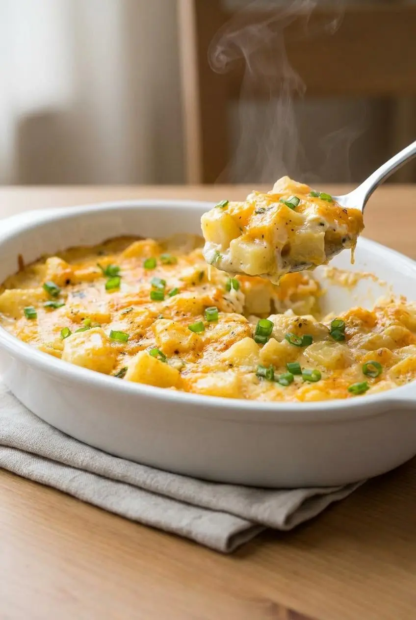 A serving spoon lifting a scoop of cheesy potatoes from a ceramic dish, showing tender potato cubes and melted cheese.