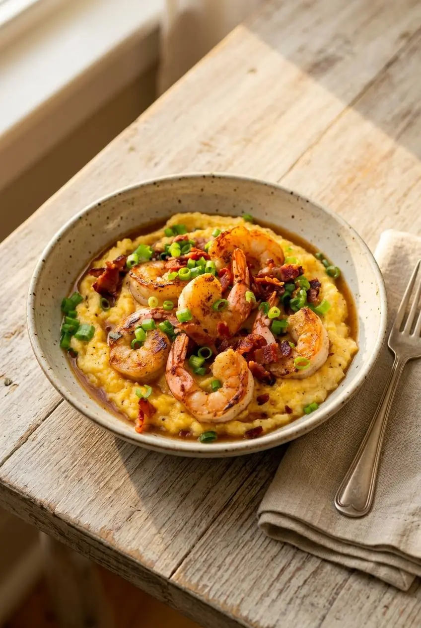 Ceramic bowl of shrimp and grits topped with seared jumbo shrimp, glossy bacon gravy, and sliced green onions.