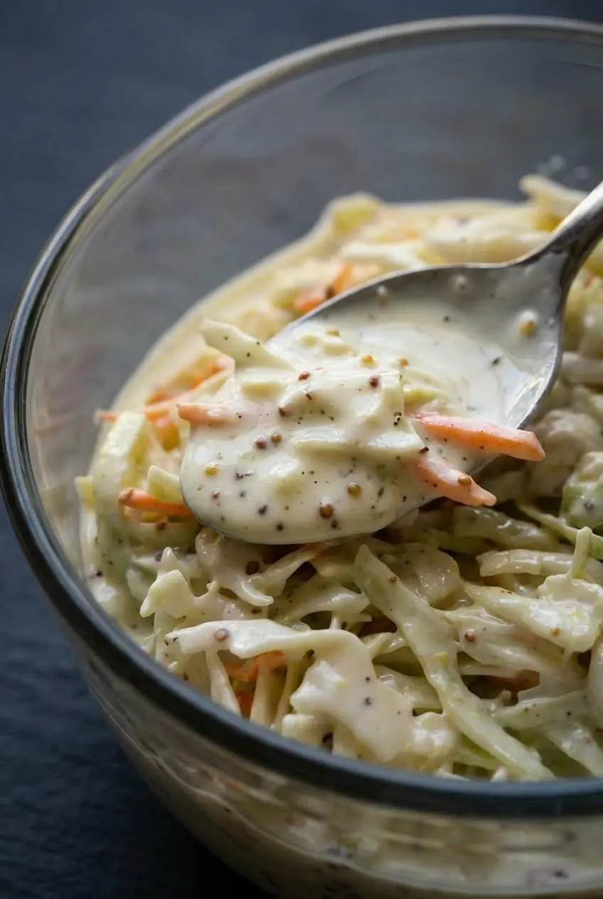 A close-up of velvety dressing on a spoon coating shredded green cabbage, carrots, and whole grain mustard seeds.