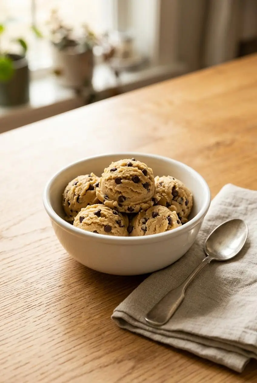 Bakery-style scoops of edible cookie dough served in a ceramic bowl with a dessert spoon.
