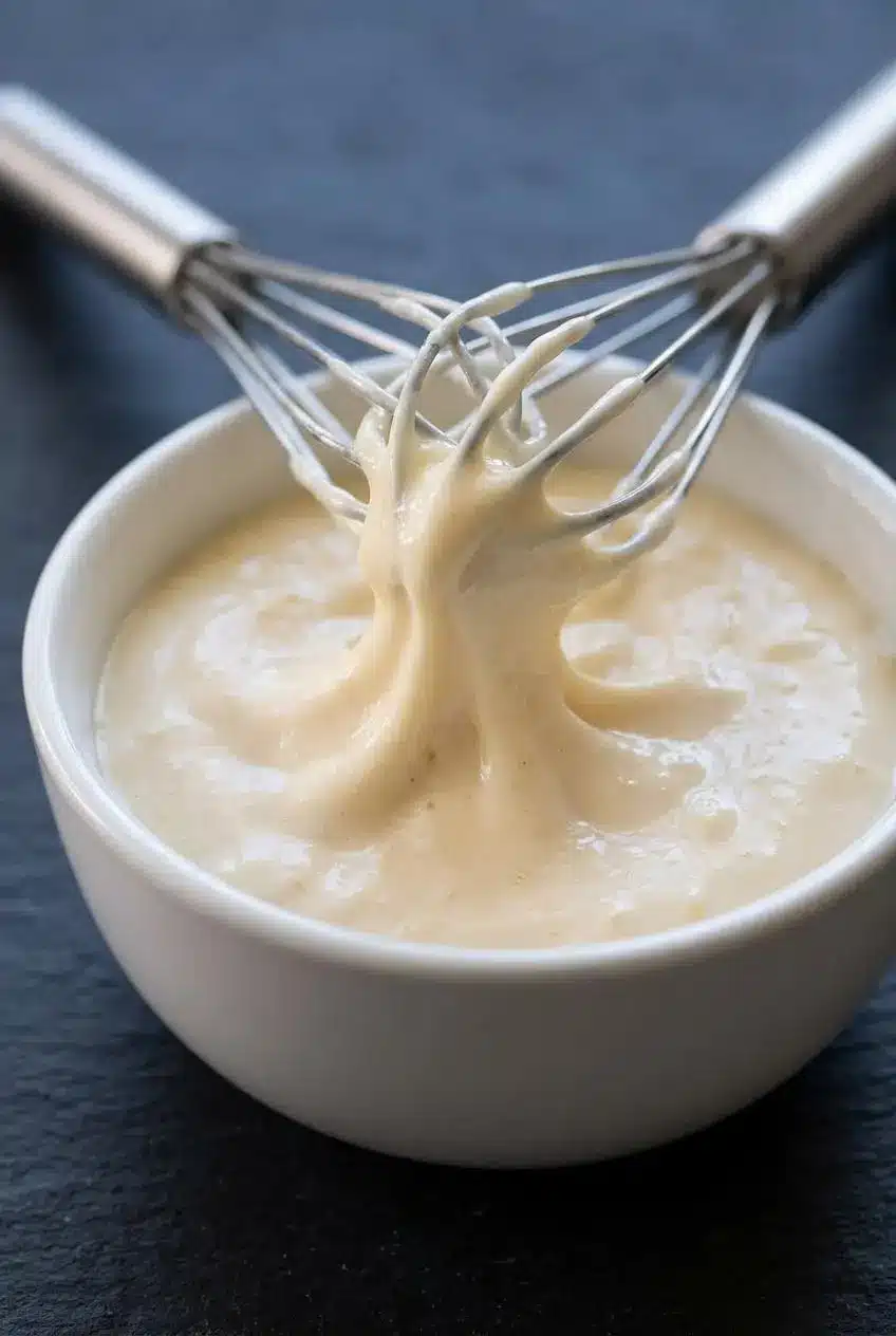 Wire whisk lifting thick, glossy ribbons of creamy garlic aioli from a white ceramic mixing bowl.