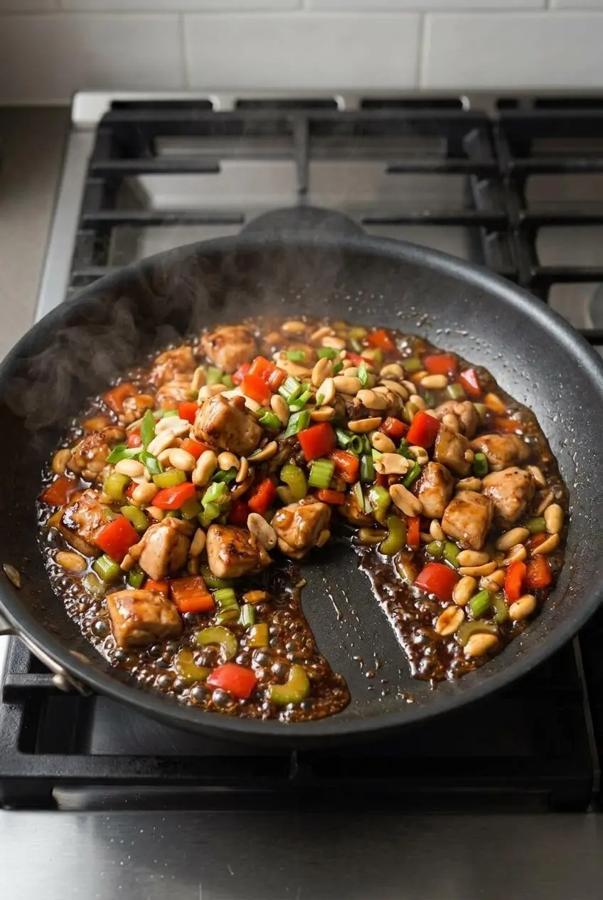 Stir-frying seared chicken, bell peppers, scallions, and roasted peanuts in a skillet with bubbly sauce.