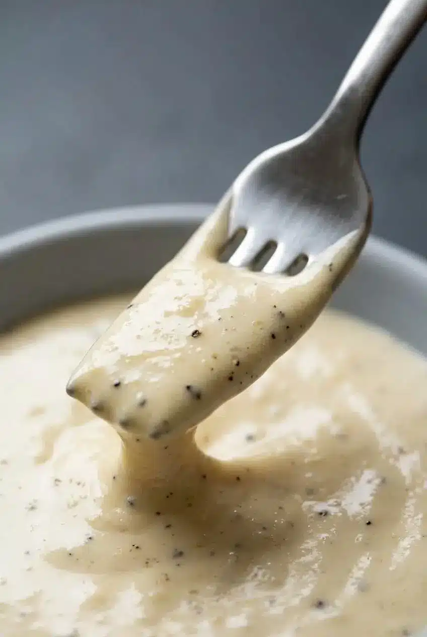 Creamy Caesar dressing coating the back of a silver spoon, displaying a glossy emulsified texture with black pepper.