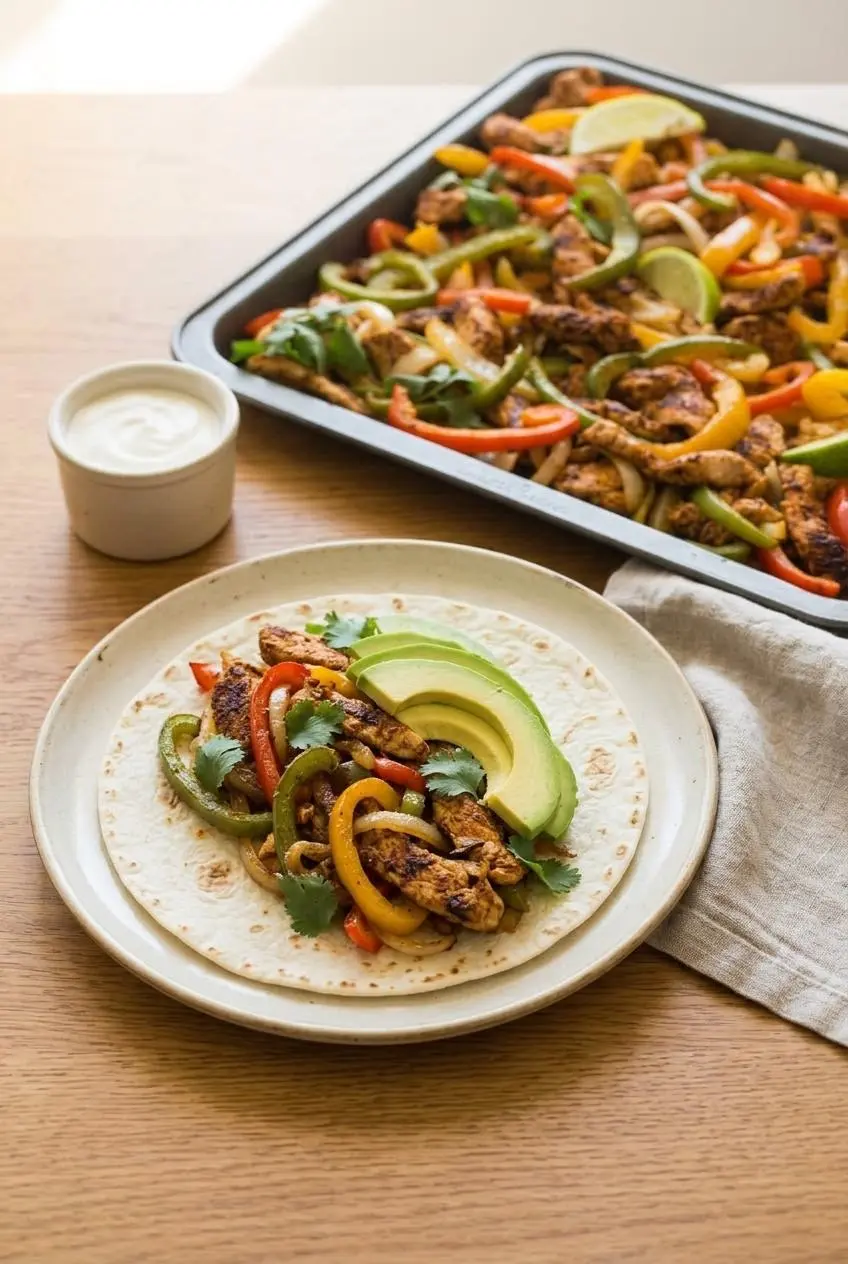 Soft flour tortilla filled with roasted chicken fajita strips, caramelized bell peppers, and fresh sliced avocado.