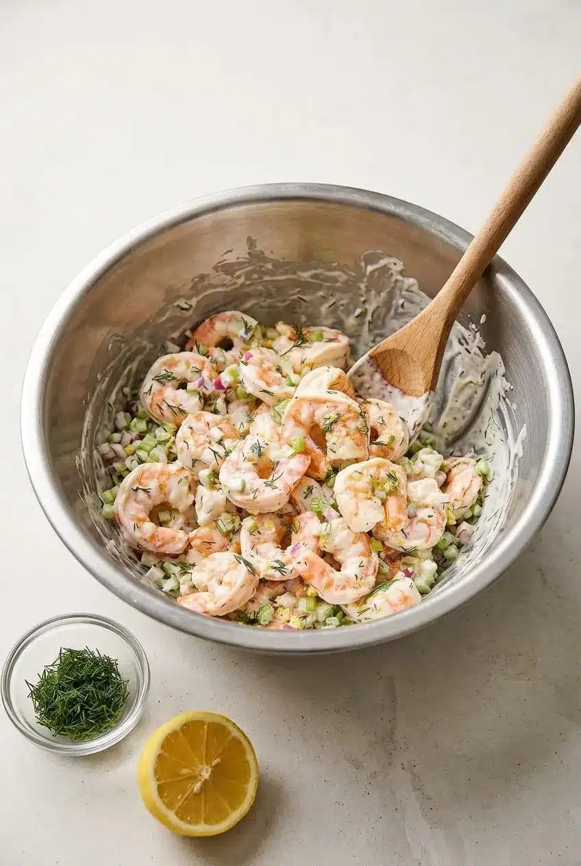 Folding chilled poached shrimp with chopped celery, red onion, dill, and dressing in a mixing bowl.