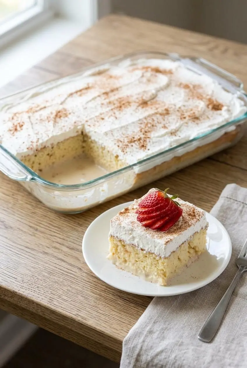 Plated slice of tres leches cake garnished with fresh strawberries beside a glass baking dish on a wooden table.