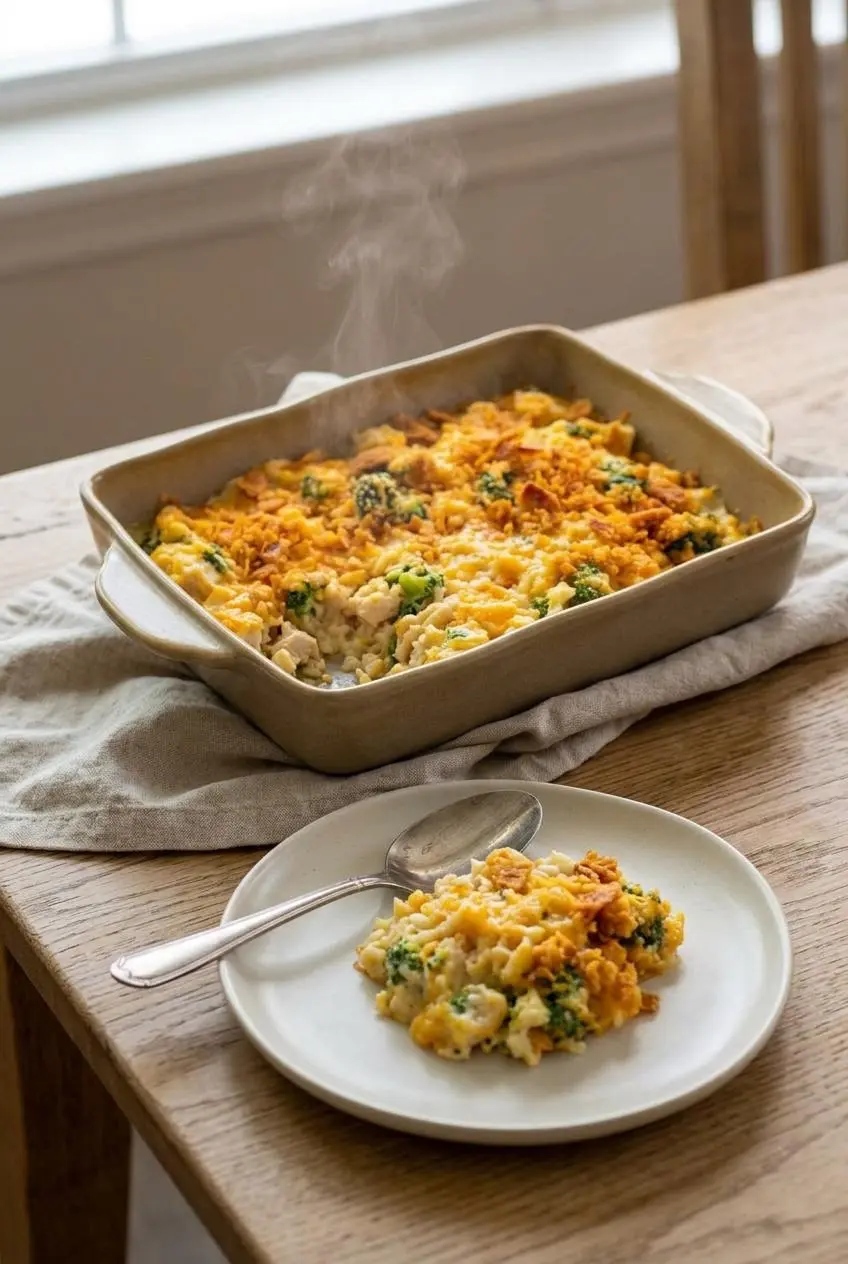A warm serving of chicken broccoli rice casserole plated beside the main baking dish on a dinner table.