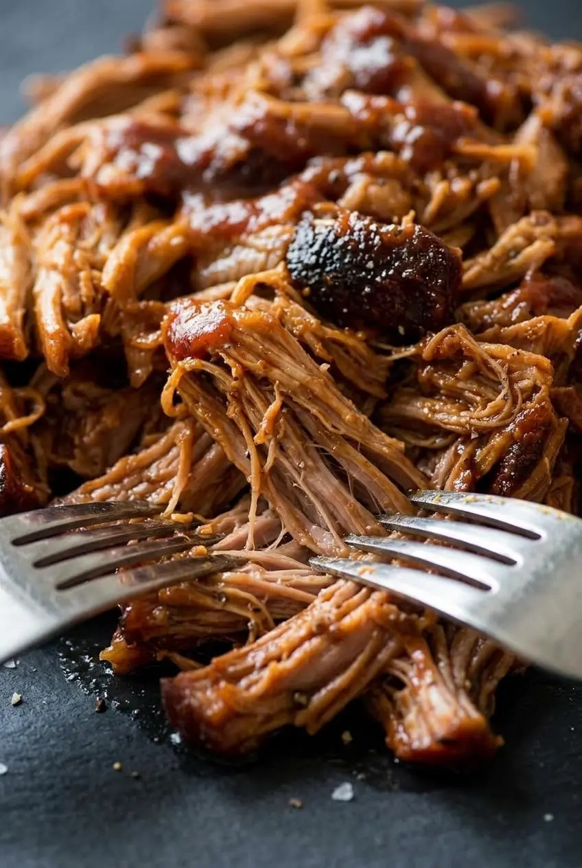 Close-up of tender pulled pork being shredded with two forks, revealing juicy meat fibers and dark bark.