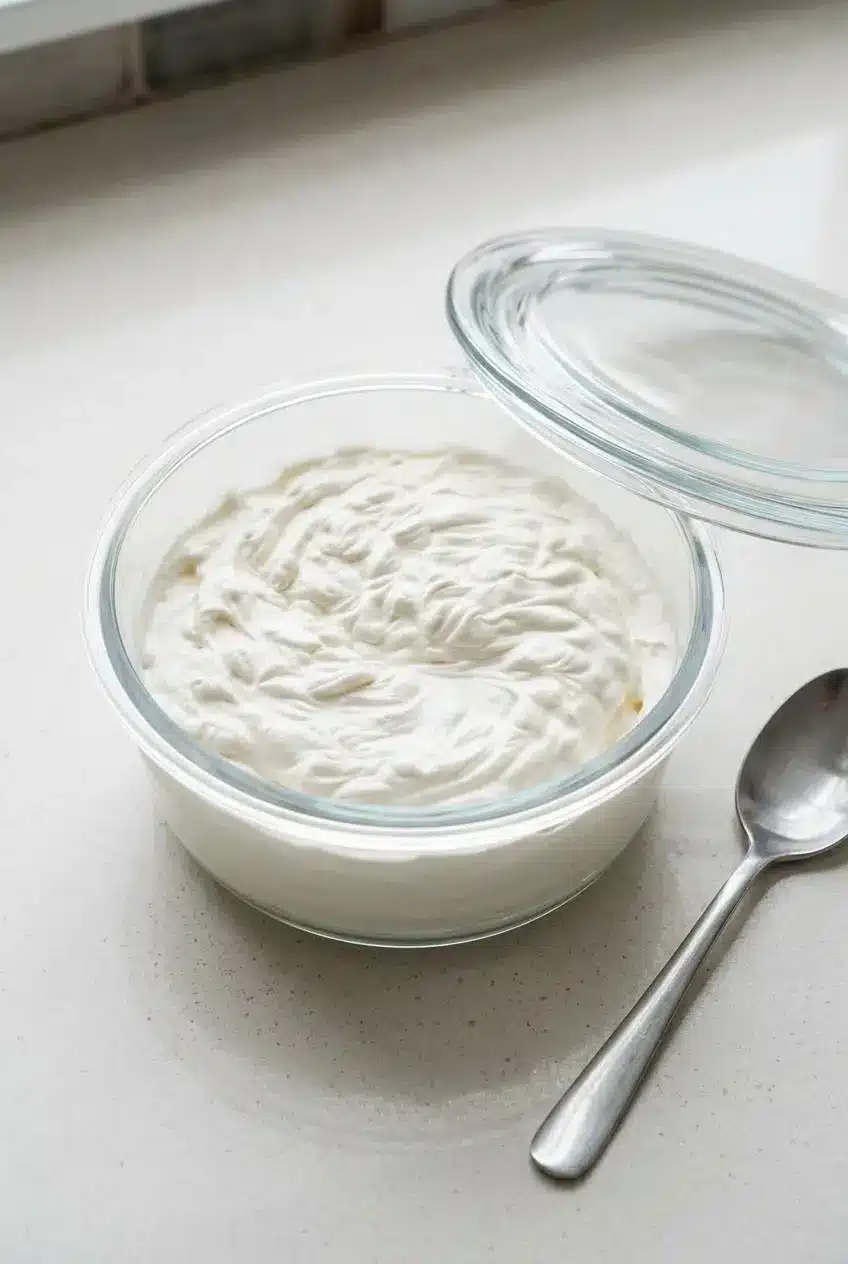 Whipped cream stored in a clear glass container with lid.