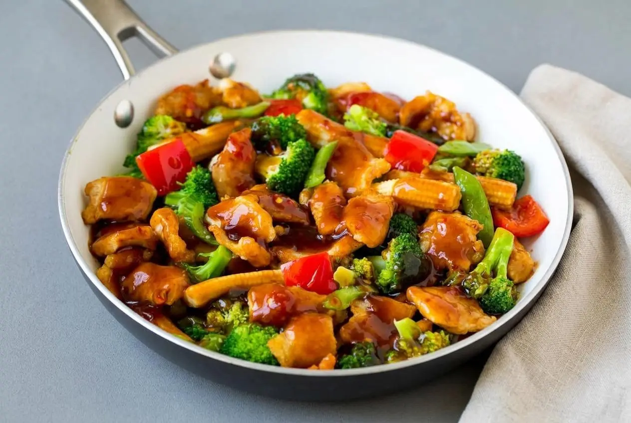 Hunan chicken stir-fry with tender seared chicken and crisp vegetables coated in a glossy chili garlic sauce.