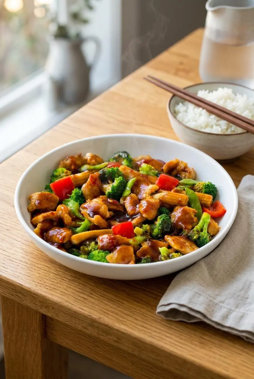 Freshly cooked Hunan chicken served in a ceramic bowl alongside a side of steamed jasmine rice.