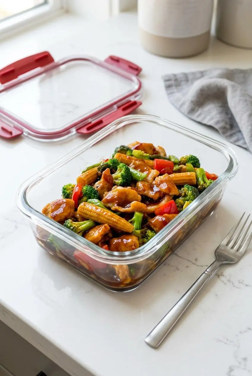 Cooked Hunan chicken stored inside a clear glass meal prep container on a quartz countertop.