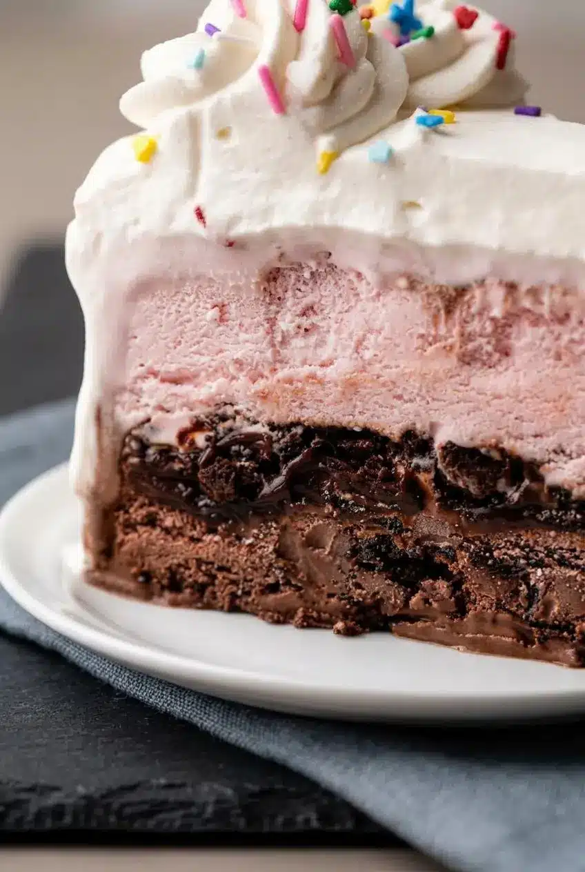 Close-up of ice cream cake slice showing firm hot fudge and crunchy buttered Oreo cookie crumbs between layers.