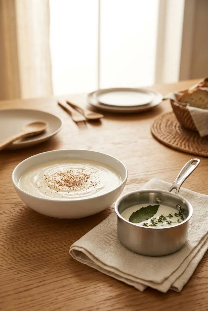 Warm milk steeping with a fresh bay leaf and thyme sprig in a saucepan beside a dish of smooth bechamel sauce.