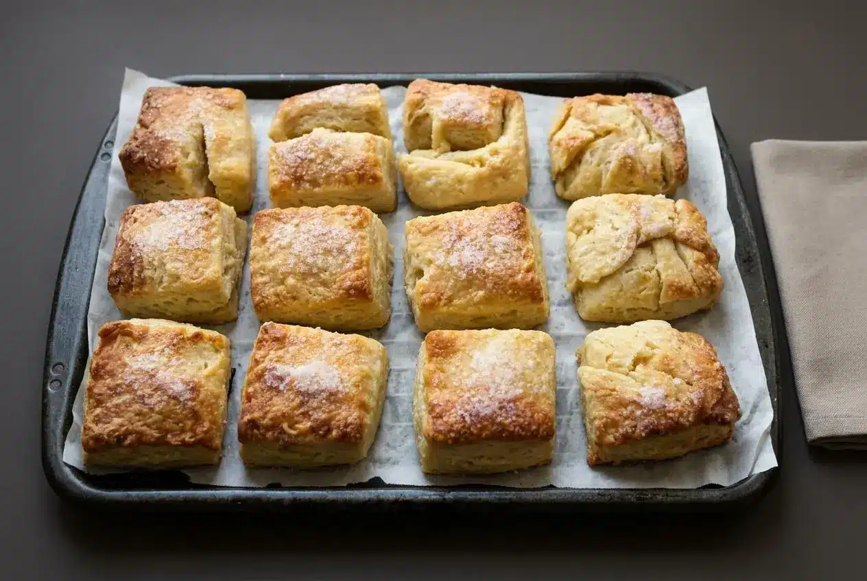 Freshly baked golden Irish butter scones sprinkled with sugar and flaky sea salt.