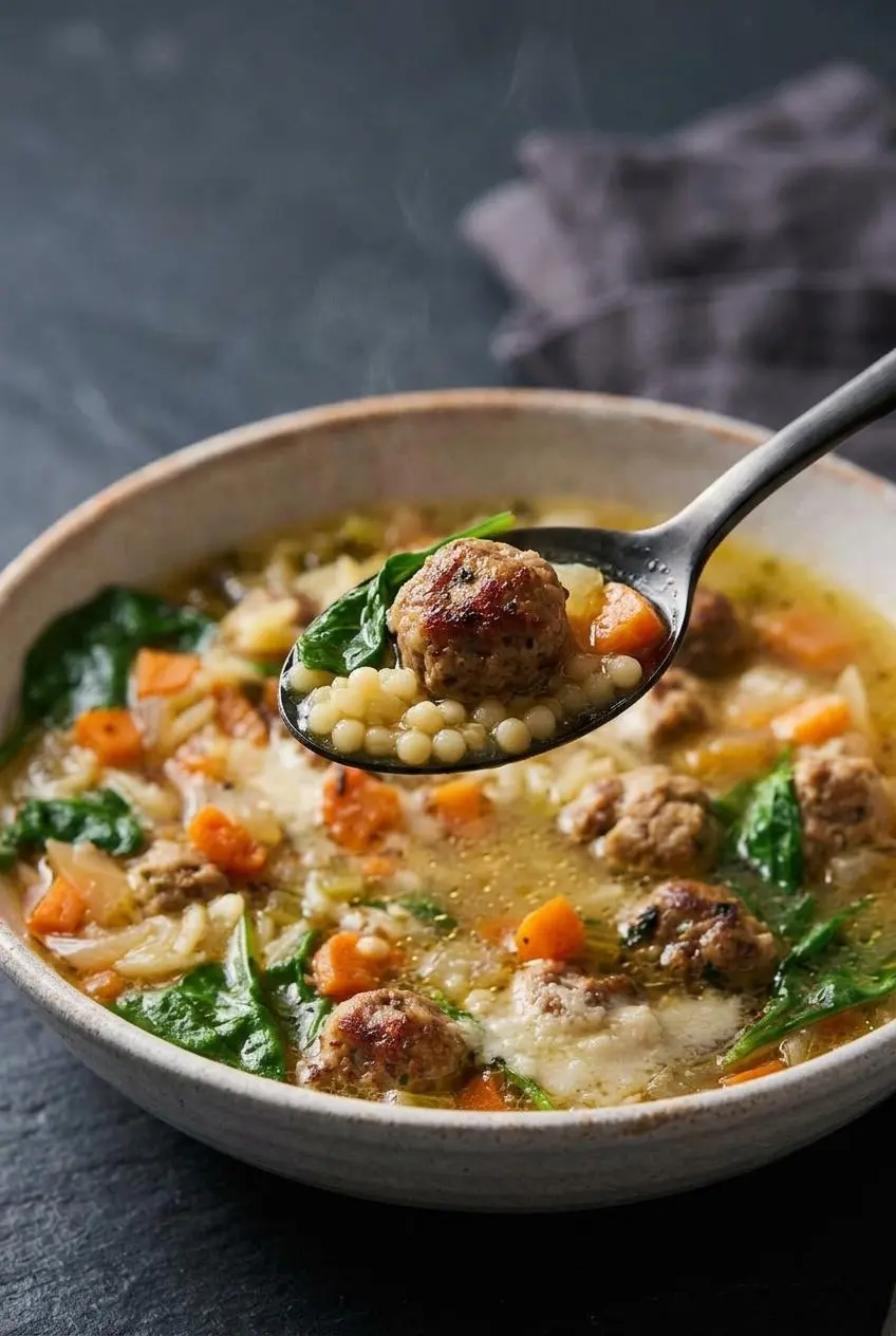A spoonful of Italian wedding soup showing a seared mini meatball, acini di pepe pasta, and wilted spinach.