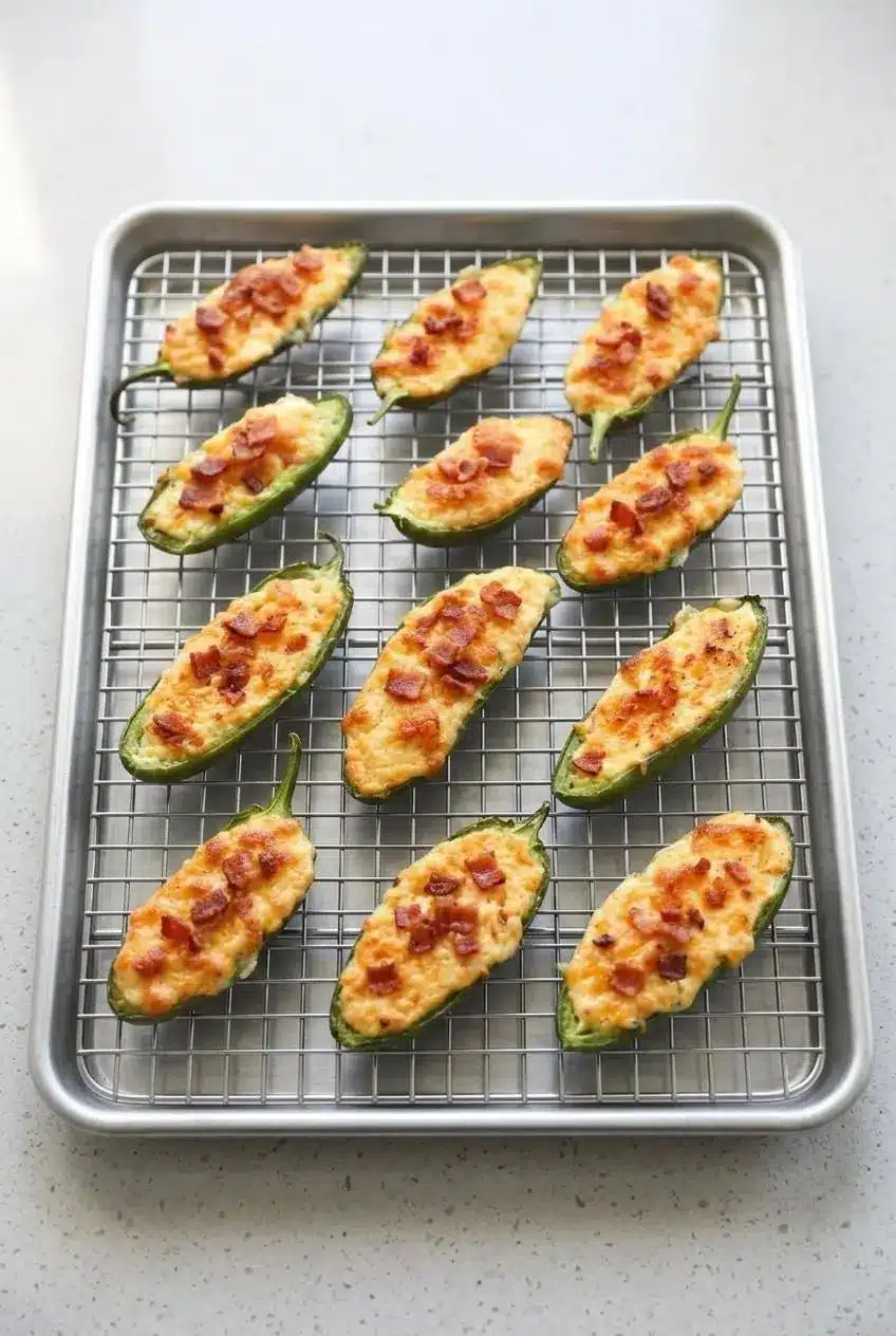 Cream cheese jalapeno poppers filled level to the rim and arranged on a wire rack inside a baking sheet.
