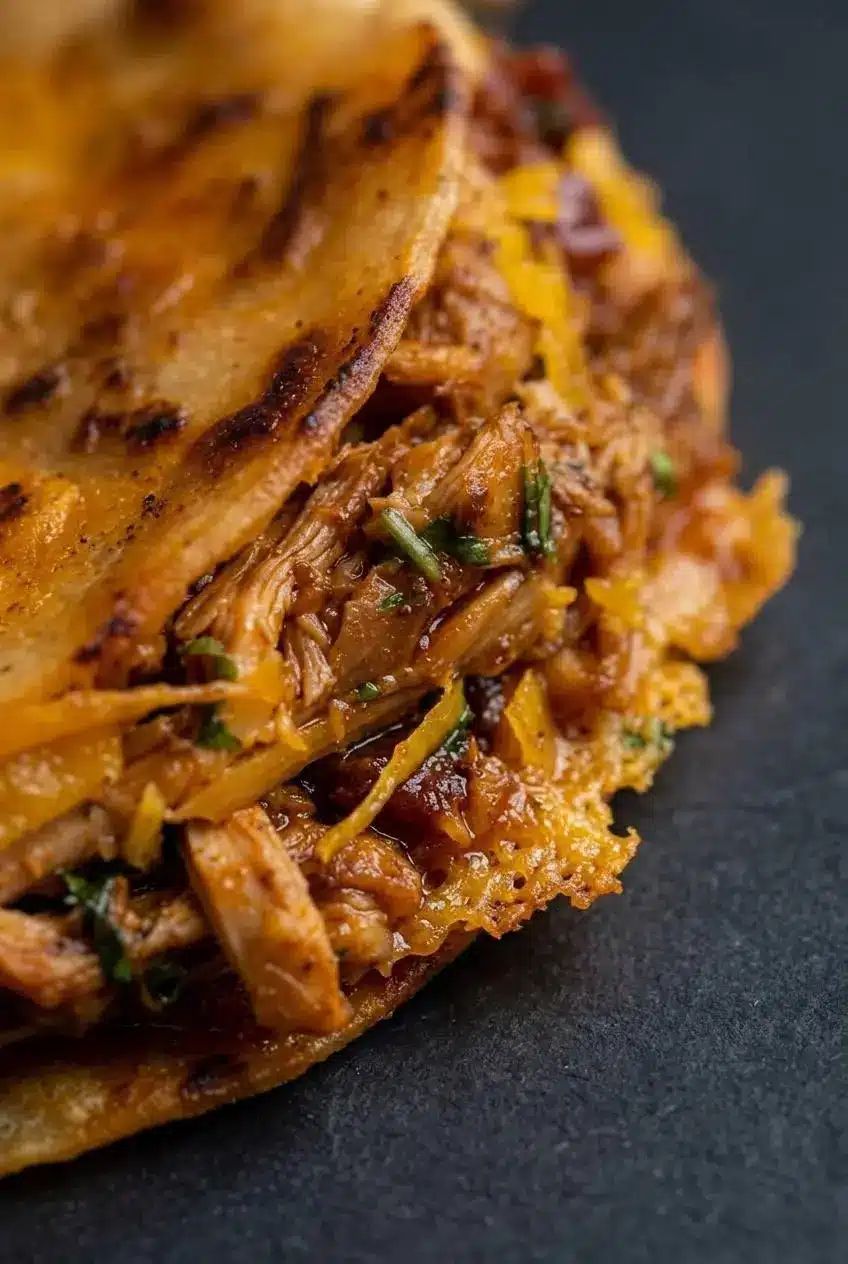 Close-up of a crisp folded taco edge filled with shredded chipotle chicken thigh meat and melted cheddar cheese crust.