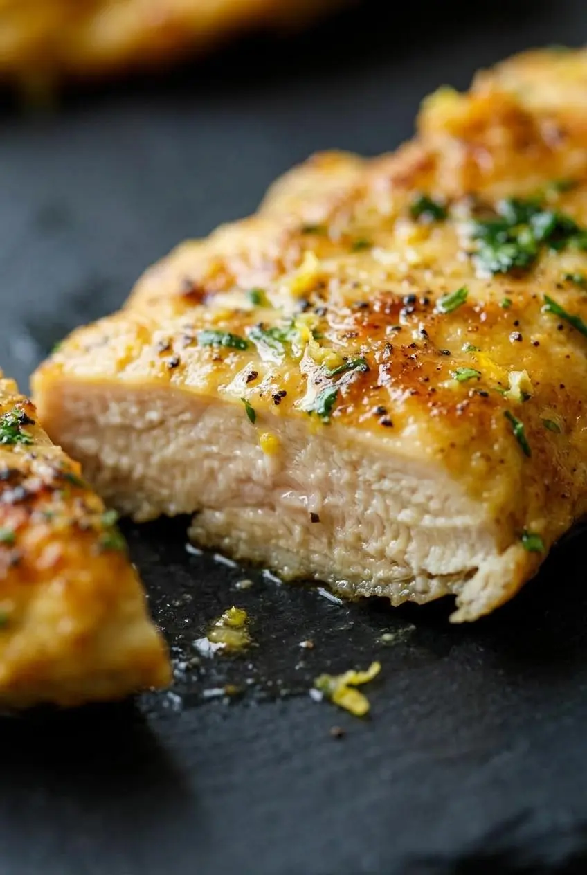 An extreme close-up of a sliced, juicy lemon pepper chicken cutlet showing a glistening interior and golden crust.