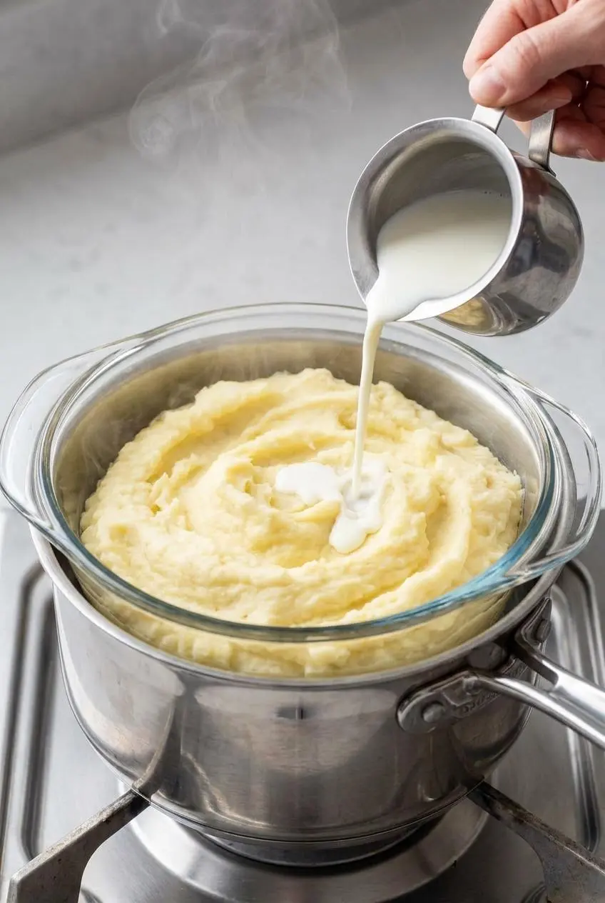 Creamy mashed potatoes in a glass dish over a double boiler, with warm milk being poured in to keep them smooth.